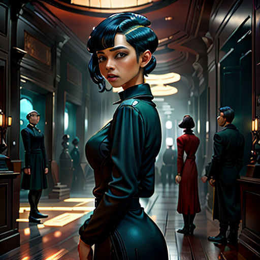 a woman in a black dress standing in a hallway with other people in the background and a clock on the wall