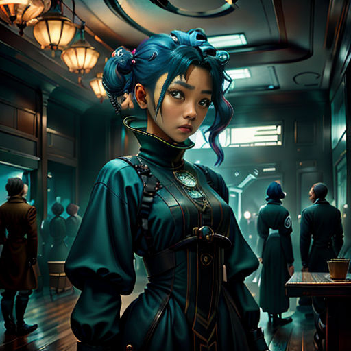 a woman in a black dress standing in a hallway with other people in the background and a clock on the wall
