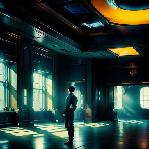 a man standing in a room with windows and a clock on the wall and a ceiling with lights shining in