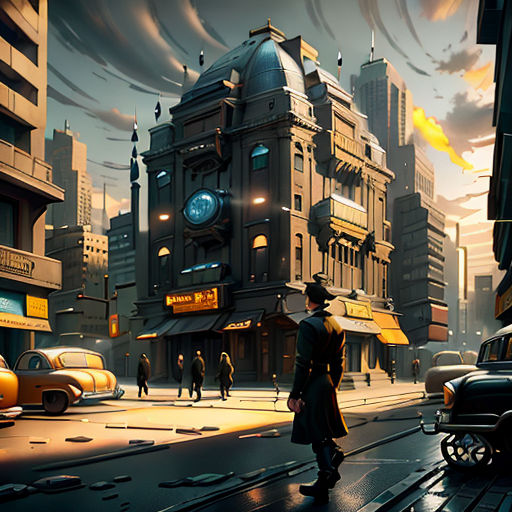 a man standing on a city street next to a train track with a clock tower in the background and a car and a man in a hat