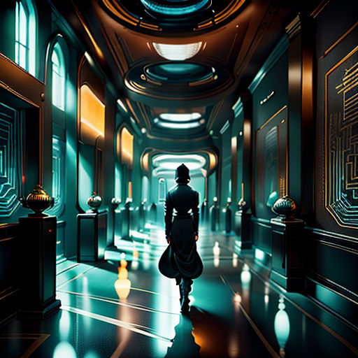 a person walking down a hallway in a building with a clock on the wall and a circular window above
