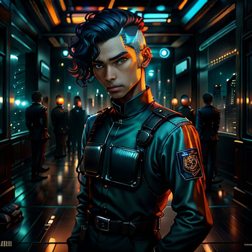 a man in a uniform standing in a hallway with other people in the background at night time, with a neon light on his face