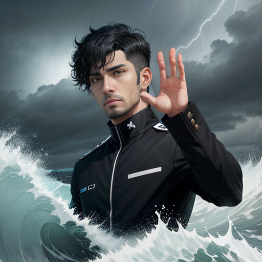 a man in a black jacket standing in front of a wave with his hand up to his ear and a lightning in the background
