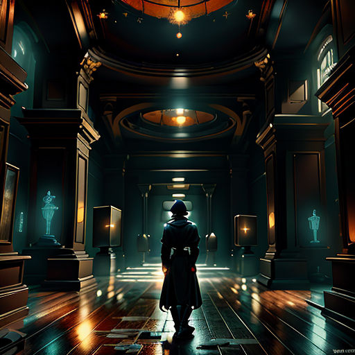 a man in a hat and coat standing in a dark room with a clock on the wall and a checkered floor