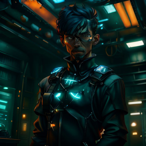 a man in a futuristic suit standing in a room with a neon light on his chest and a helmet on his head