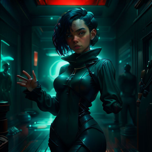 a woman in a futuristic suit is standing in a hallway with a red light on the ceiling and a man in the background