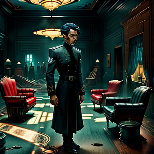 a man in a uniform standing in a room with chairs and a piano in it, with a light shining on the floor