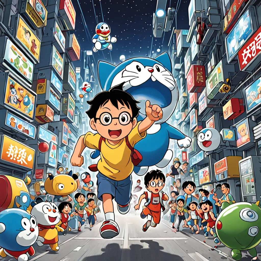 a cartoon character running through a crowded city street with many children in the background and a cartoon character in the foreground, ukiyo-e, poster art, Akira Toriyama, promotional image