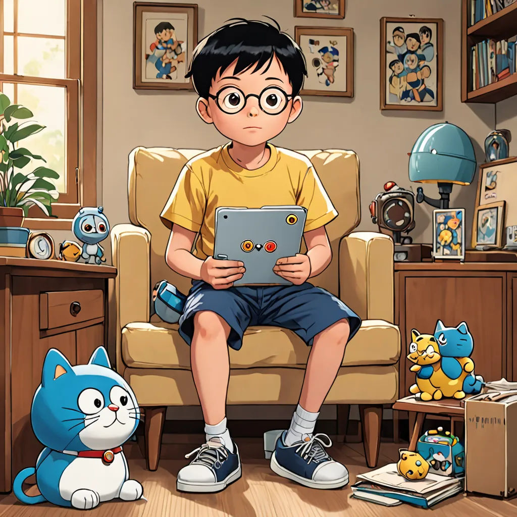 a boy sitting on a chair with a tablet in his hands and a cat sitting on the floor next to him, sots art, a comic book panel, Akira Toriyama, yukito kishiro