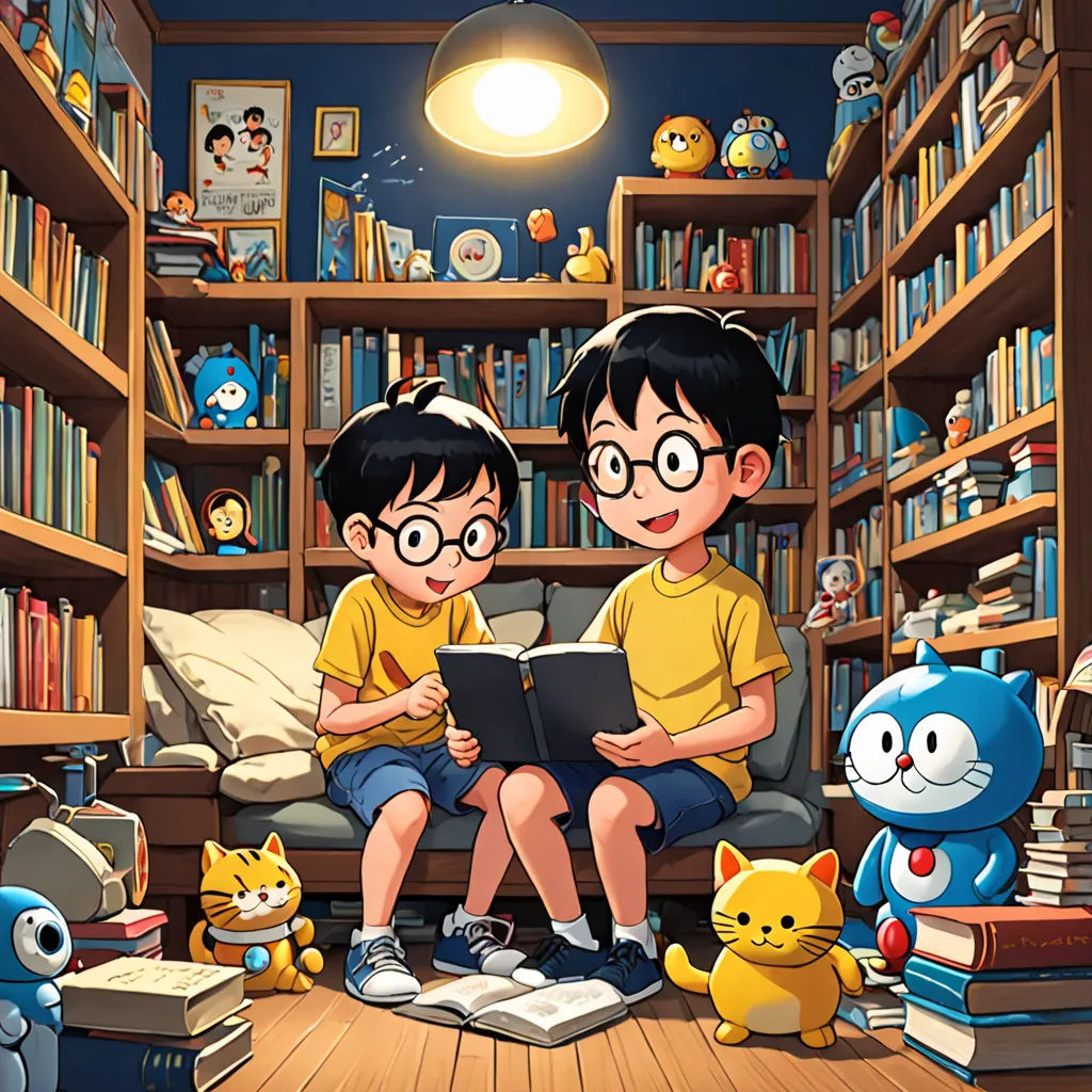 two children sitting on a couch reading a book in a library with a cat and a cat toy nearby, lyco art, a storybook illustration, Akira Toriyama, official art