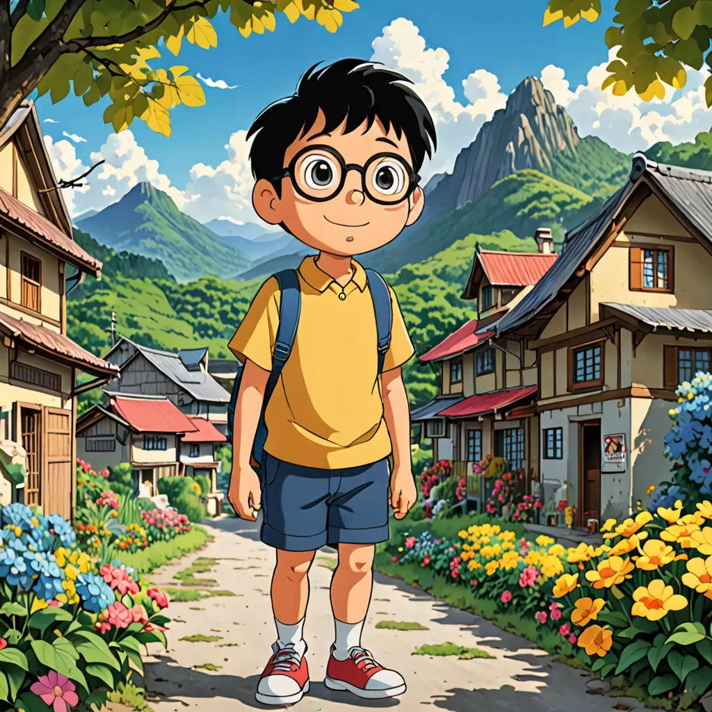 a boy with glasses standing in front of a village with flowers and trees on the side of the road, danube school, a character portrait, Akira Toriyama, promotional image