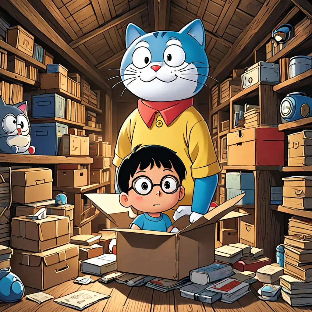 a boy and a cat are standing in a box in a room full of boxes and boxes on the floor, ukiyo-e, poster art, Akira Toriyama, promotional image
