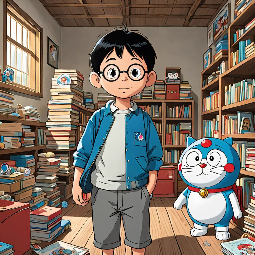 a boy standing in a room with a cat and a book shelf full of books and a cat toy, ukiyo-e, a character portrait, Akira Toriyama, yukito kishiro