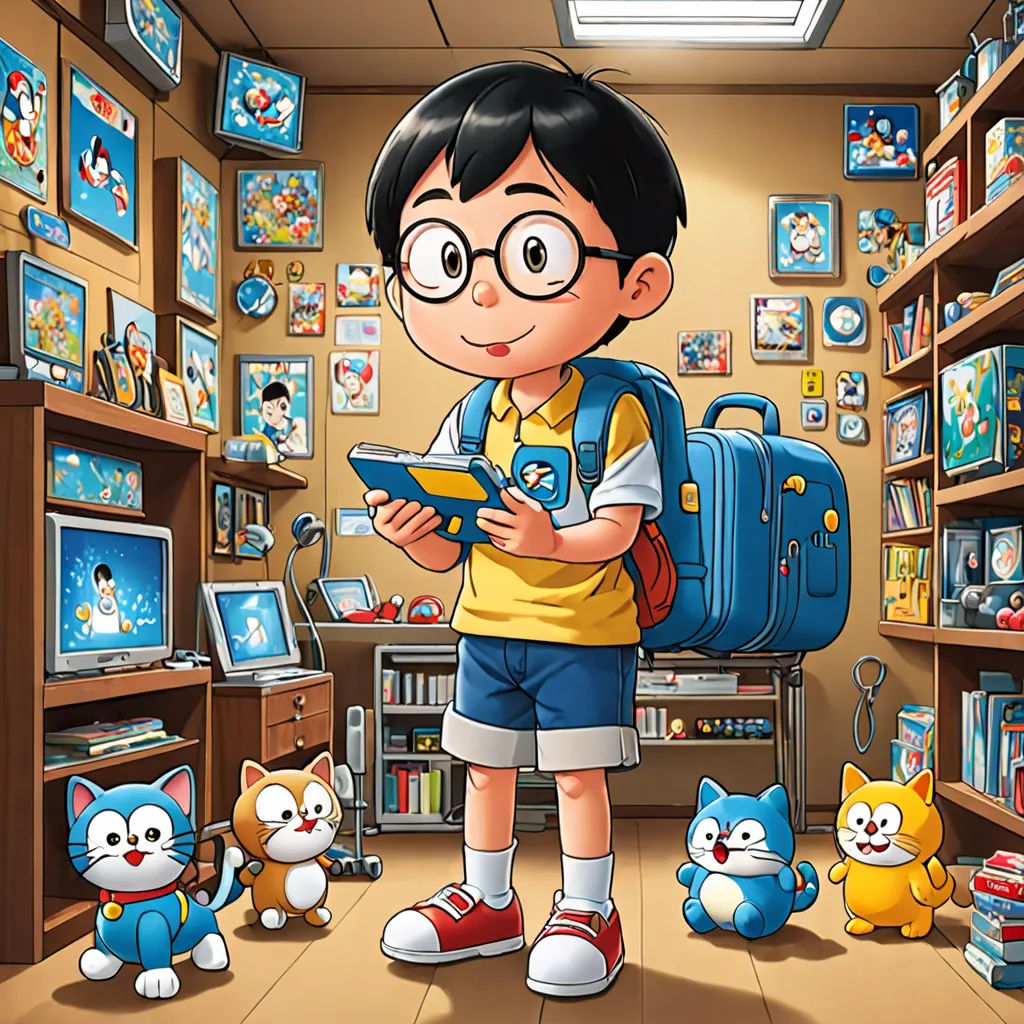 a boy in a room with many toys and a book case with a cat on it and a backpack, lyco art, a comic book panel, Asaf Hanuka, yukito kishiro