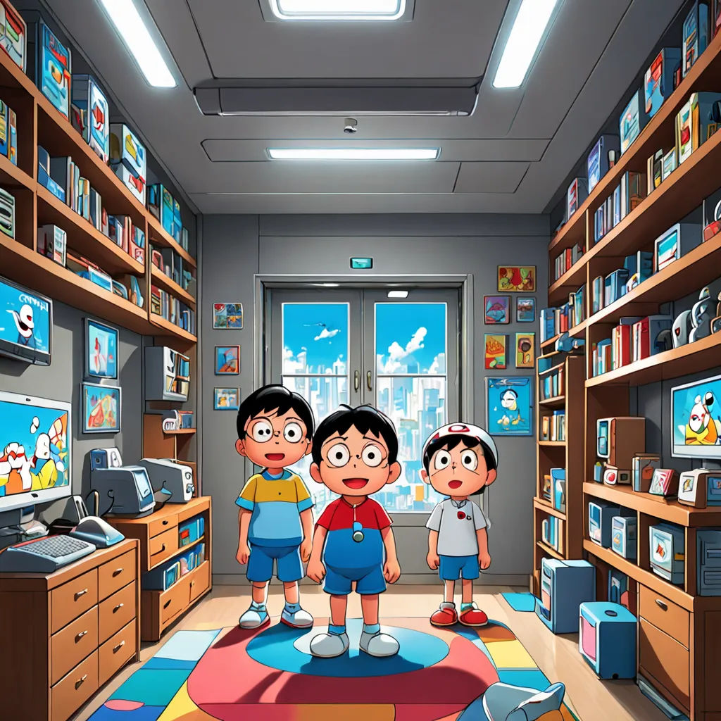 a cartoon of three children in a library with a television on the wall and a large rug on the floor, sōsaku hanga, a computer rendering, An Gyeon, official art