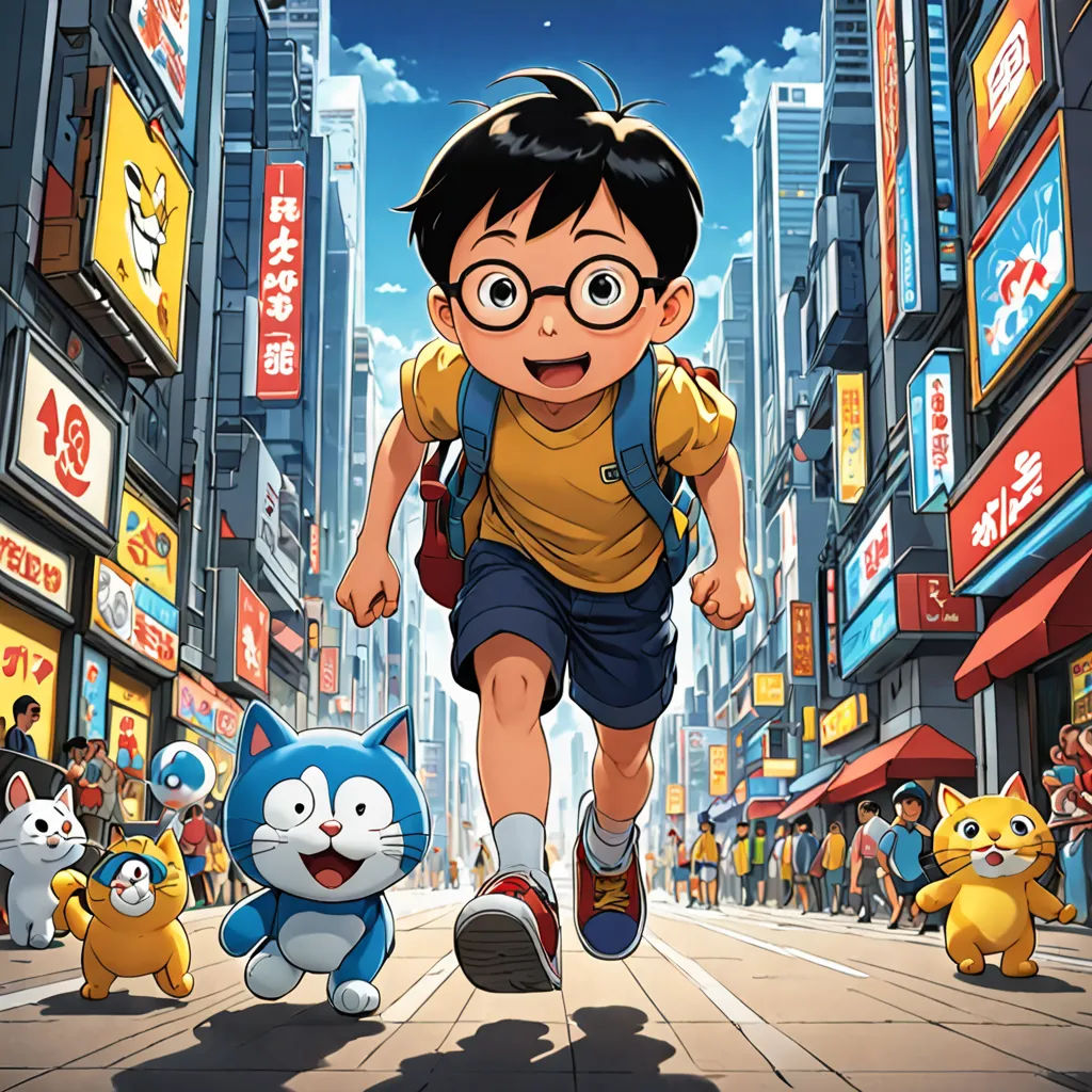 a boy running down a street with a cat and a cat toy in front of him and a cityscape in the background, ukiyo-e, poster art, Akira Toriyama, yukito kishiro