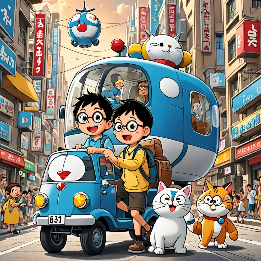a cartoon of a couple riding a bus with cats and a dog on the back of it in a city, ukiyo-e, poster art, Akira Toriyama, promotional image