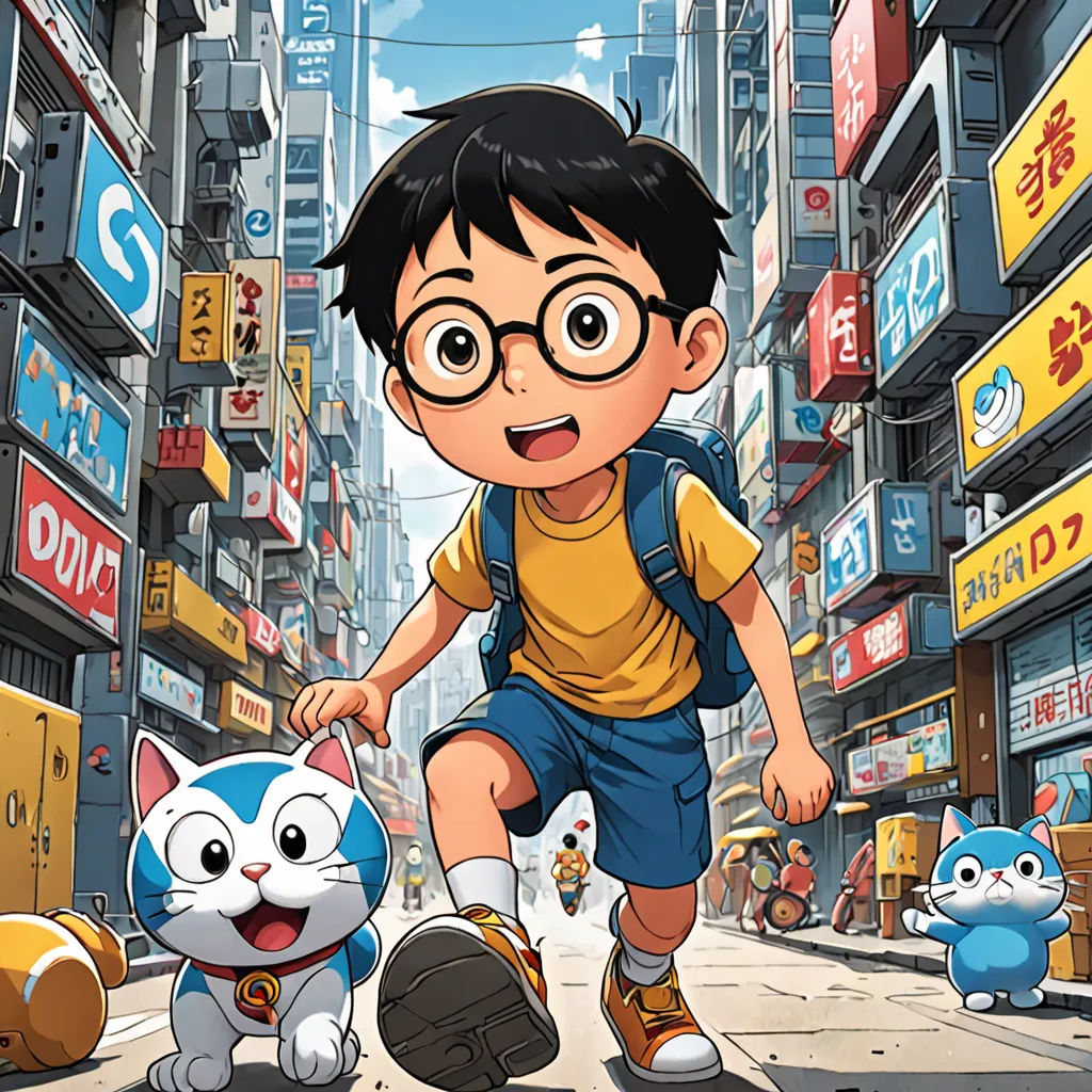a boy is running down the street with a cat and a cat toy in front of him and a cat on the ground, lyco art, a comic book panel, Akira Toriyama, yukito kishiro