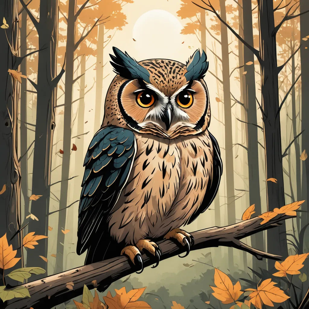 a painting of an owl sitting on a branch in a forest with leaves and trees in the background, with a full moon in the sky, fantasy art, a storybook illustration, Dan Mumford, highly detailed digital painting