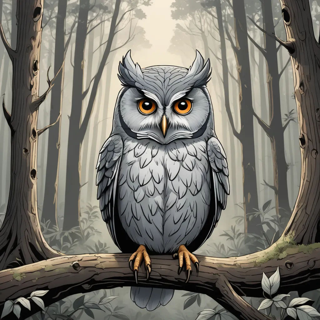 a cartoon owl sitting on a branch in a forest with trees and leaves around it, with a yellow eyes, fantasy art, a storybook illustration, Dan Mumford, storybook illustration