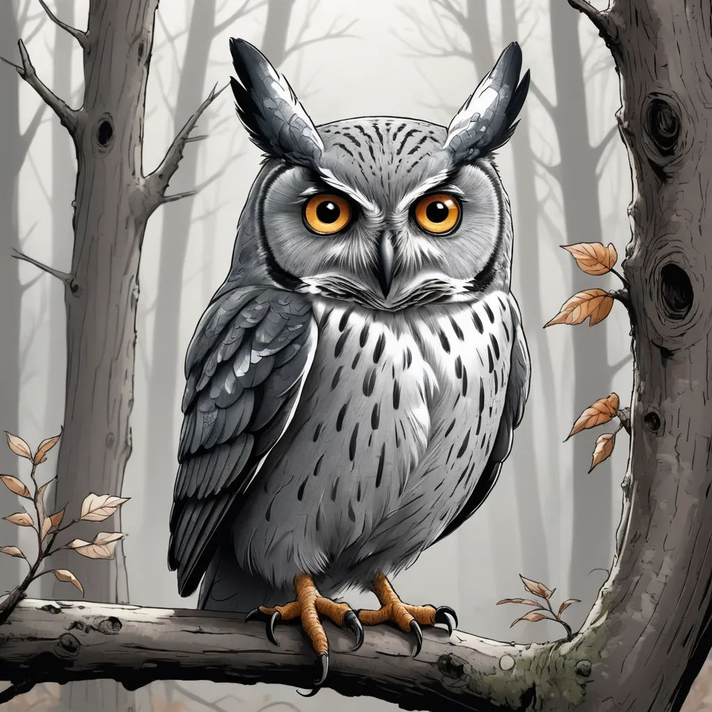 a drawing of an owl sitting on a branch in a forest with leaves and branches around it, with a yellow - eyed owl in the foreground, fantasy art, a storybook illustration, Brom, highly detailed digital painting