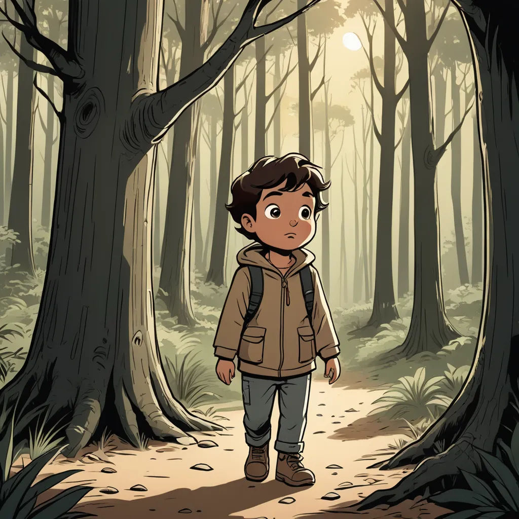 a boy walking through a forest with a backpack on his back and a backpack on his shoulder, in front of a tree, serial art, a storybook illustration, Diego Gisbert Llorens, comic cover art