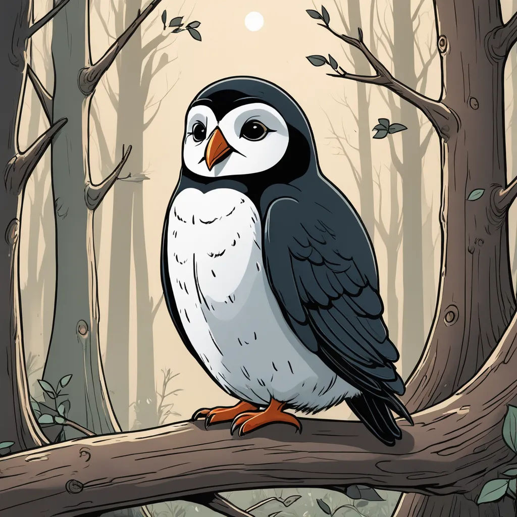 a bird sitting on a branch in a forest with trees and leaves around it, with a full moon in the background, serial art, a storybook illustration, Dan Mumford, storybook illustration