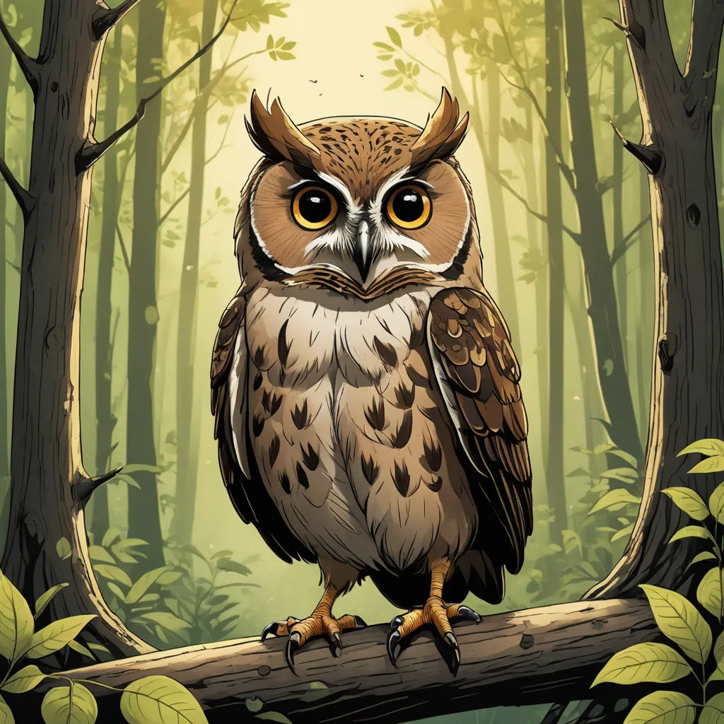 a cartoon owl sitting on a tree branch in a forest with green leaves and a yellow light behind it, fantasy art, a storybook illustration, Dan Mumford, storybook illustration