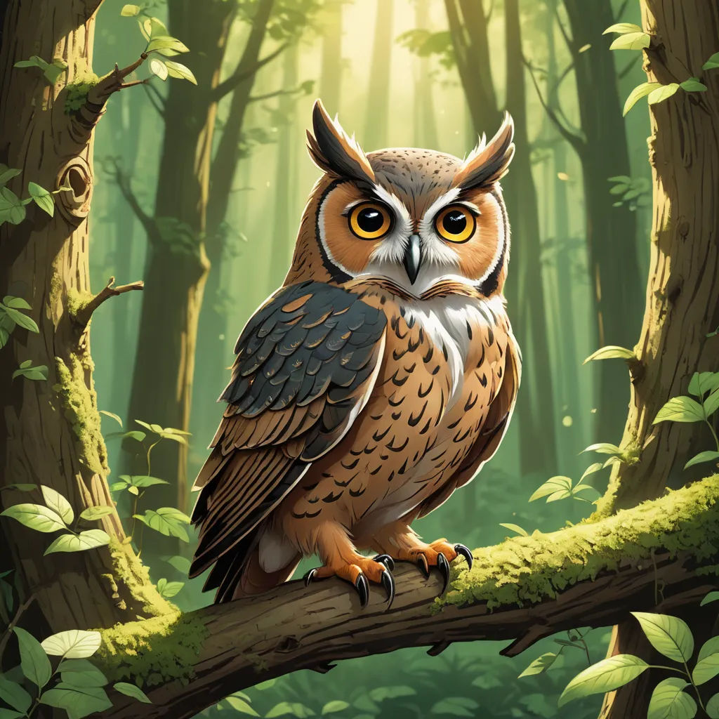 a painting of an owl sitting on a tree branch in a forest with green leaves and a bright light shining through the trees, fantasy art, a storybook illustration, Dan Mumford, magic the gathering artwork