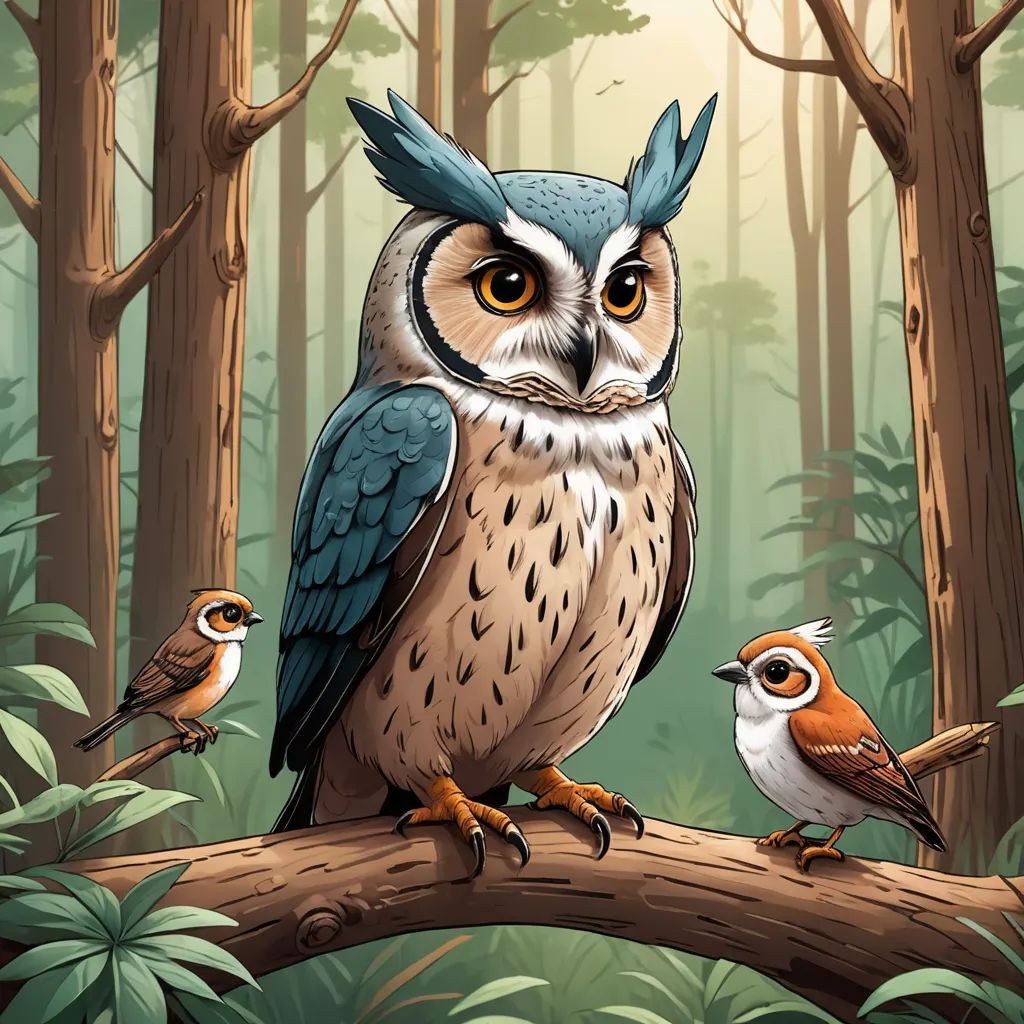 a couple of owls sitting on top of a tree branch in a forest with a bird on it's back, fantasy art, a storybook illustration, Dan Mumford, highly detailed digital painting