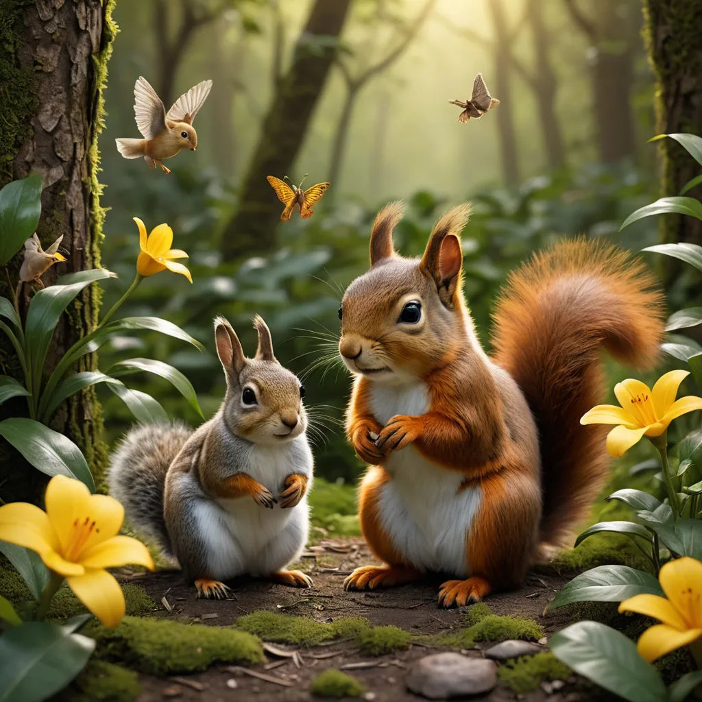 two squirrels are sitting in the woods with flowers and butterflies flying around them, and one squirrel is holding a squirrel's paw, photorealism, a photorealistic painting, Chris LaBrooy, cgstudio