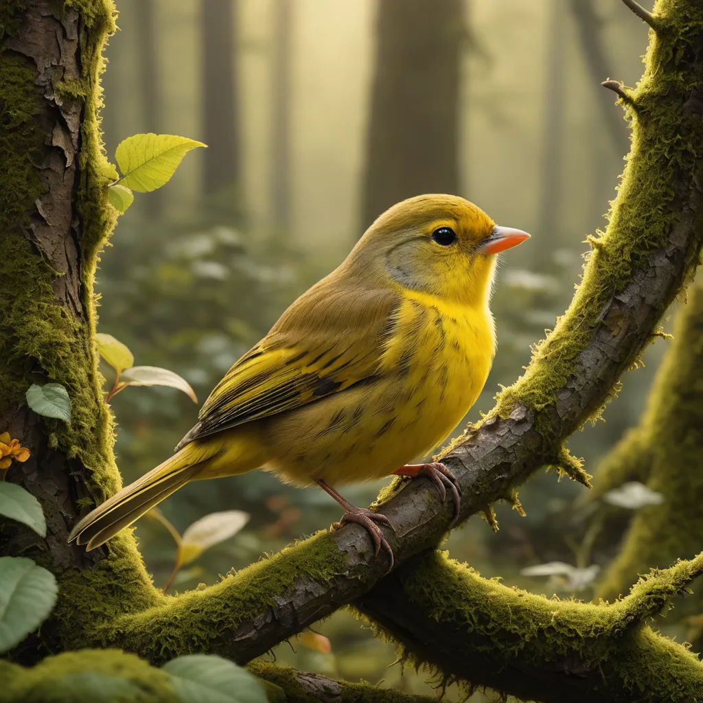 a yellow bird perched on a tree branch in a forest with moss growing on it's branches and a sun shining through the trees, photorealism, a photorealistic painting, Chris LaBrooy, highly detailed digital painting