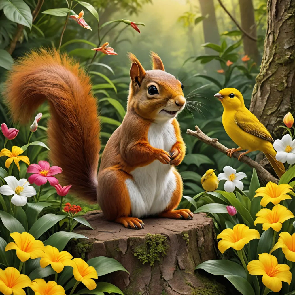 a squirrel and a bird are sitting on a stump in the woods with flowers and butterflies around them,, pop surrealism, an airbrush painting, Chris LaBrooy, highly detailed digital painting