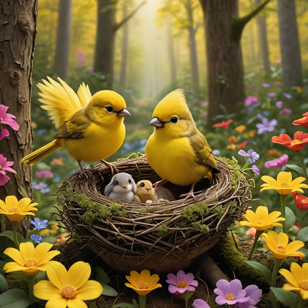 a couple of birds sitting on top of a nest filled with birds and flowers in a forest filled with flowers, magic realism, a detailed matte painting, Chris LaBrooy, highly detailed digital painting