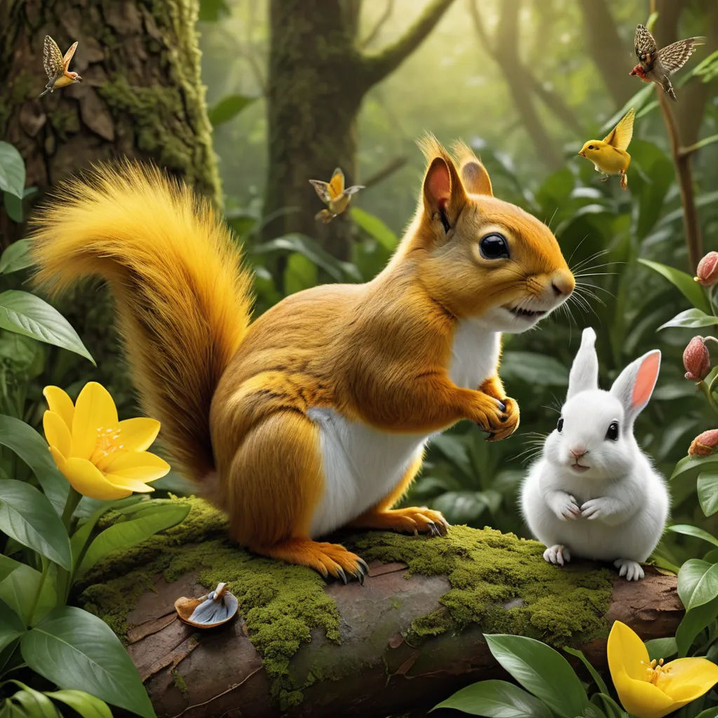 a squirrel and a bunny are sitting on a log in the woods with butterflies and flowers around them,, pop surrealism, a digital rendering, Chris LaBrooy, highly detailed digital painting
