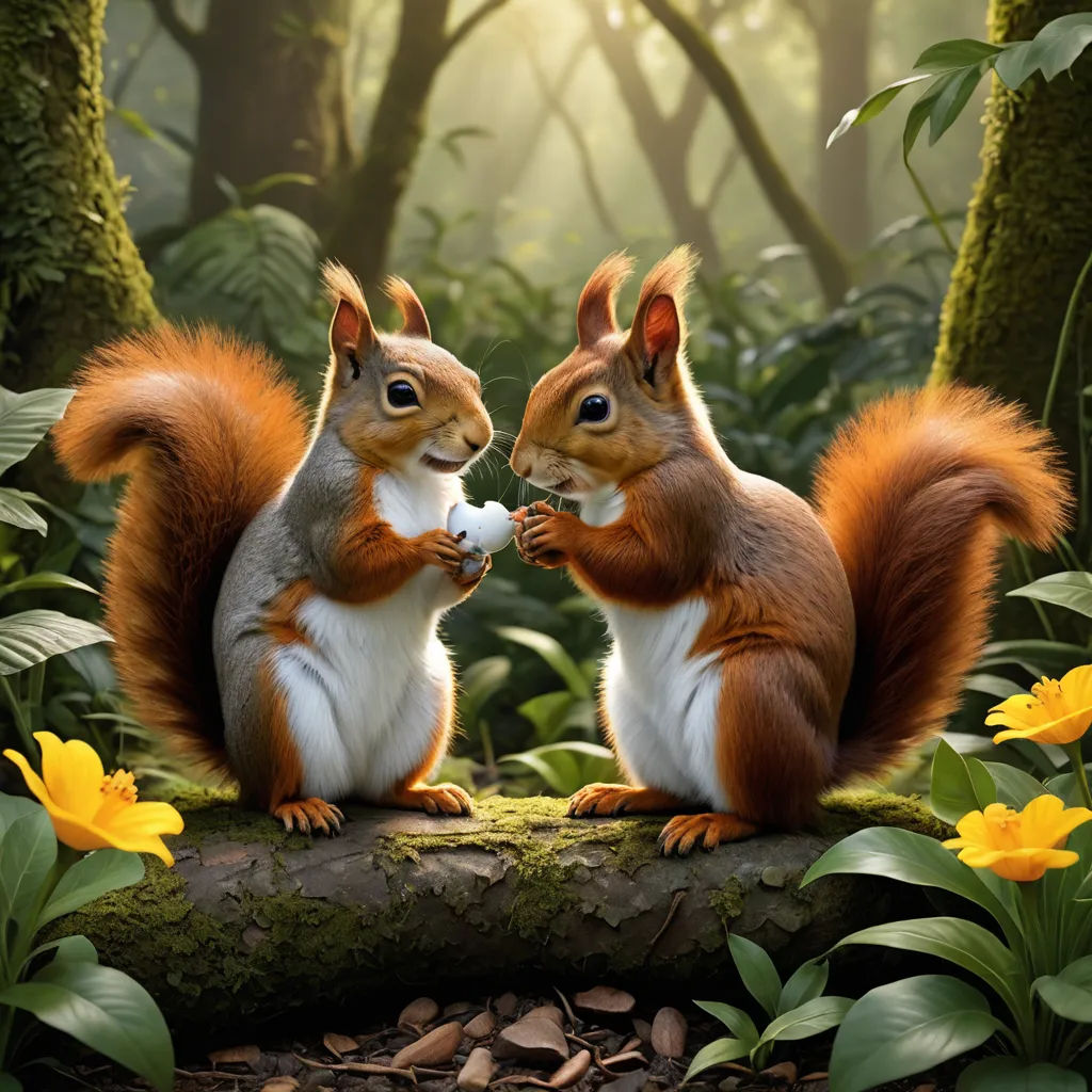 two squirrels are sitting on a log in the woods eating nuts and looking at each other with a smile, furry art, a photorealistic painting, Chris LaBrooy, cgstudio