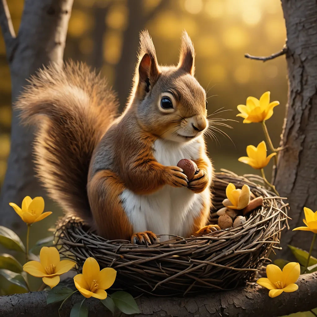 a squirrel is sitting in a nest with yellow flowers around it and a bird's nest with a squirrel on it, photorealism, a 3D render, Chris LaBrooy, cgstudio