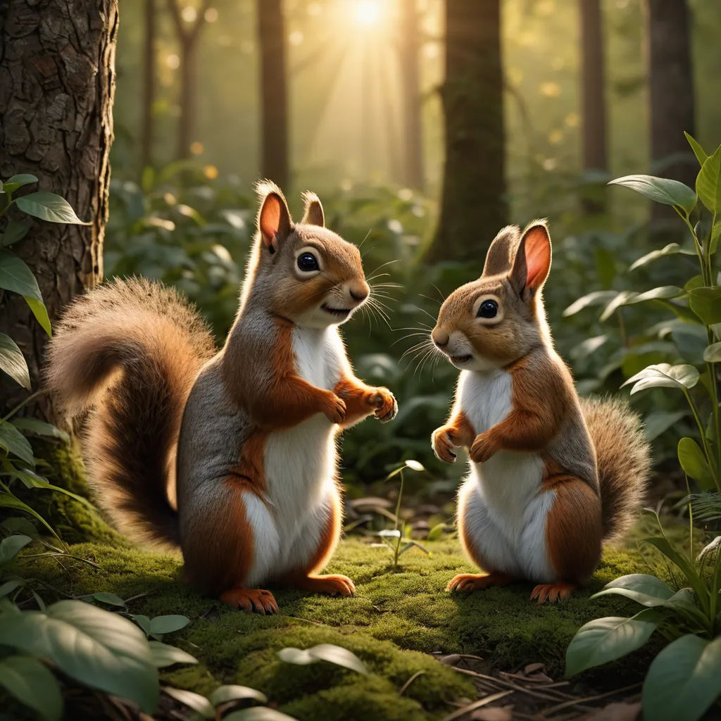 two squirrels are sitting in the grass in the woods, facing each other and facing each other, with the sun shining through the trees behind them, photorealism, a 3D render, Chris LaBrooy, cgstudio