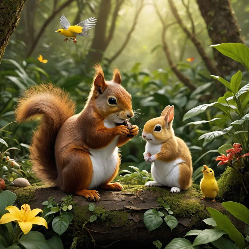 a squirrel and a squirrelling are sitting on a log in the woods with flowers and birds flying around, photorealism, a storybook illustration, Chris LaBrooy, behance hd