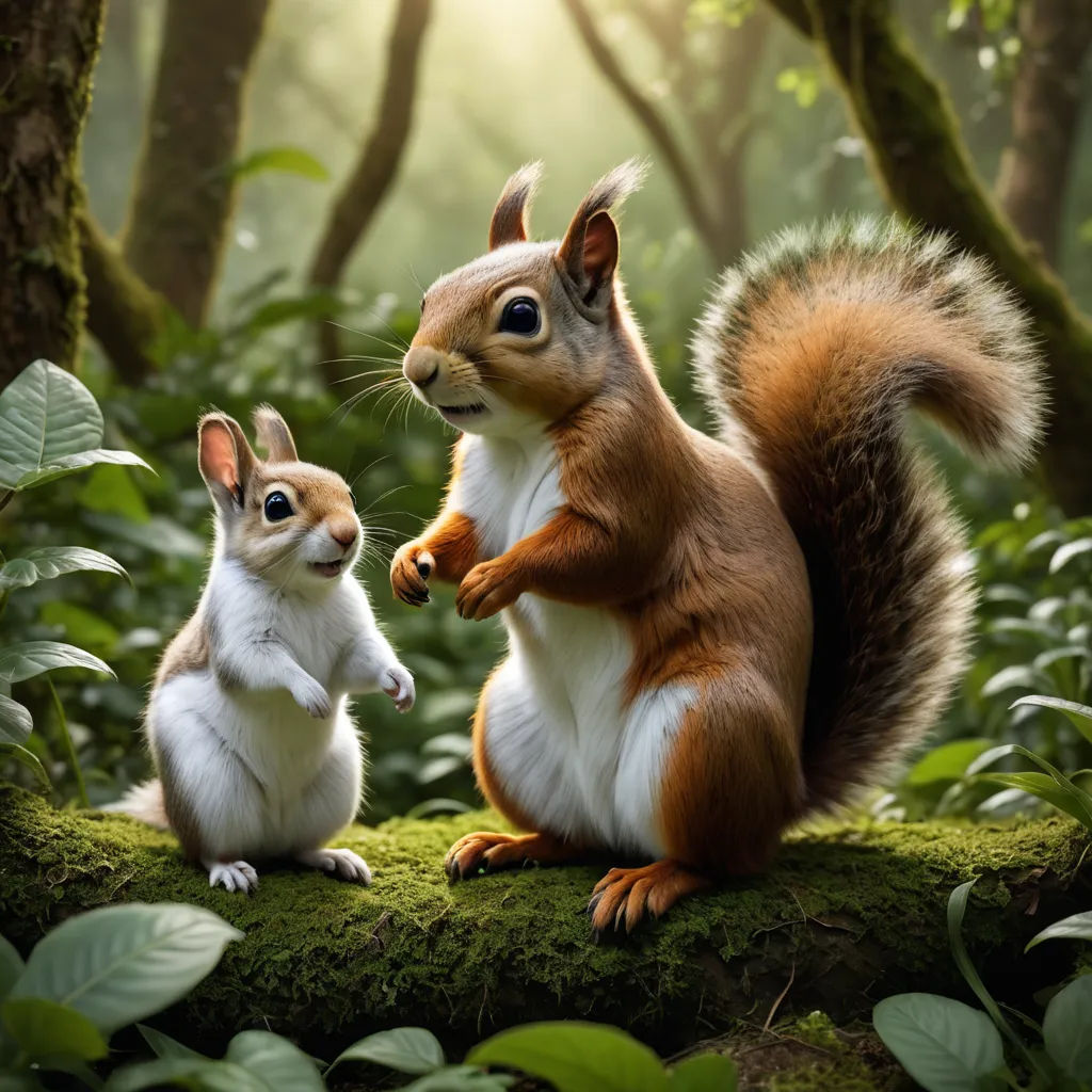 a squirrel and a squirrel are standing on mossy ground in the woods, with trees and foliage in the background, photorealism, a 3D render, Chris LaBrooy, cgstudio