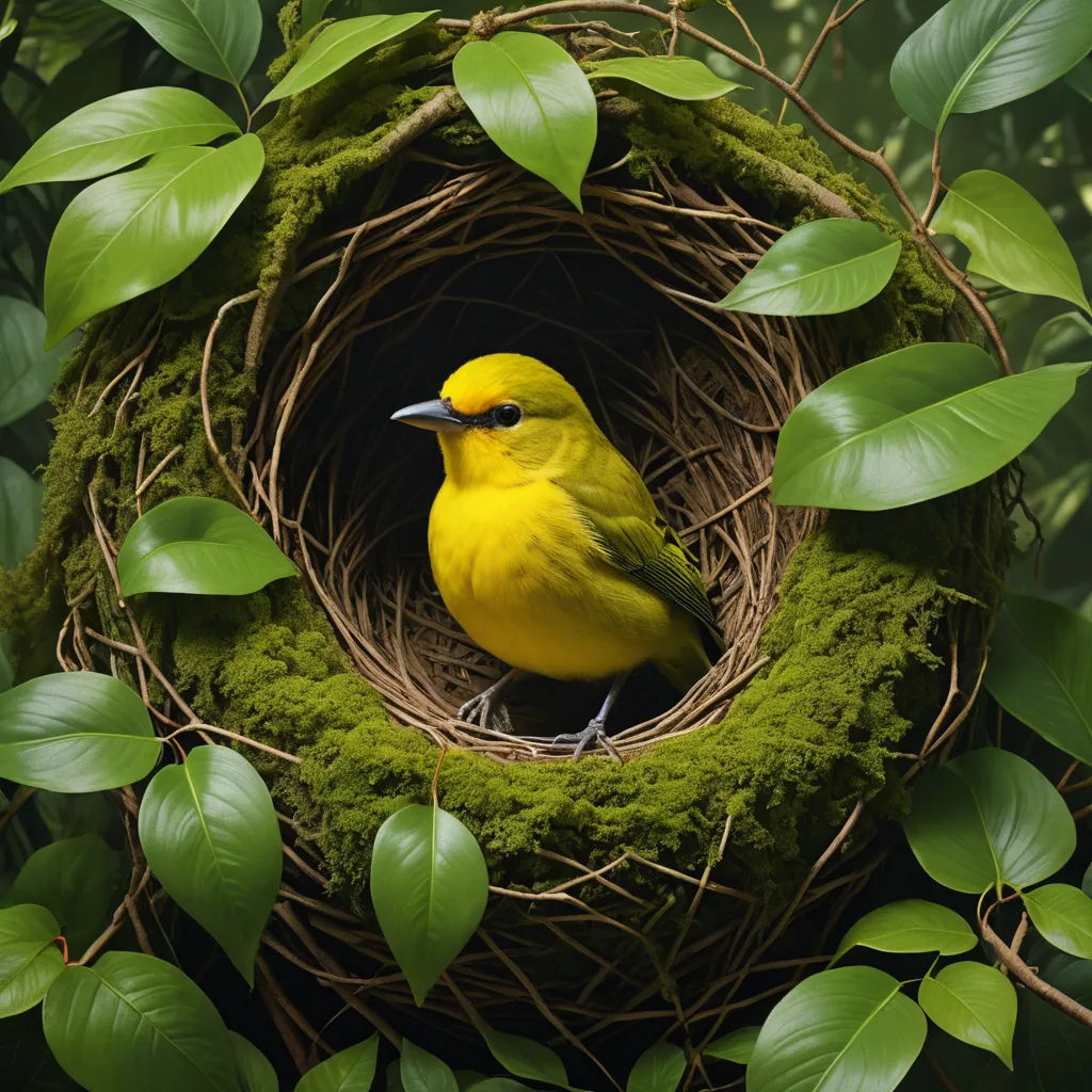 a yellow bird is sitting in a nest with green leaves around it and a mossy nest with a yellow bird, ecological art, a photorealistic painting, Chris LaBrooy, highly detailed digital painting