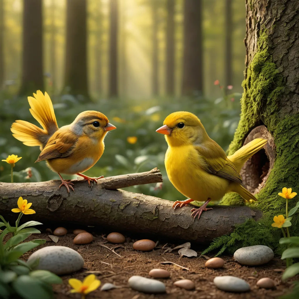 two yellow birds perched on a log in a forest with flowers and rocks on the ground and a mossy tree trunk, photorealism, a 3D render, Chris LaBrooy, birds