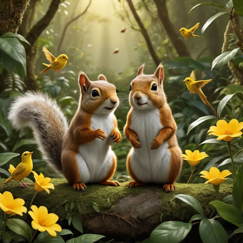 two squirrels sitting on a log in a forest with yellow flowers and birds flying around them, with sunlight streaming through the trees, furry art, a photorealistic painting, Chris LaBrooy, cgstudio