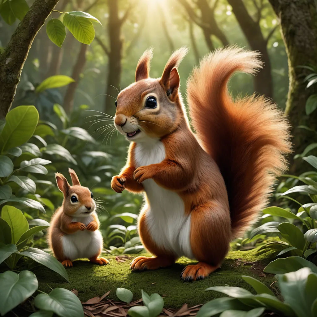 a squirrel and a squirrelling in a forest with sunlight shining through the trees and leaves on the ground, furry art, a 3D render, Chris LaBrooy, cgstudio