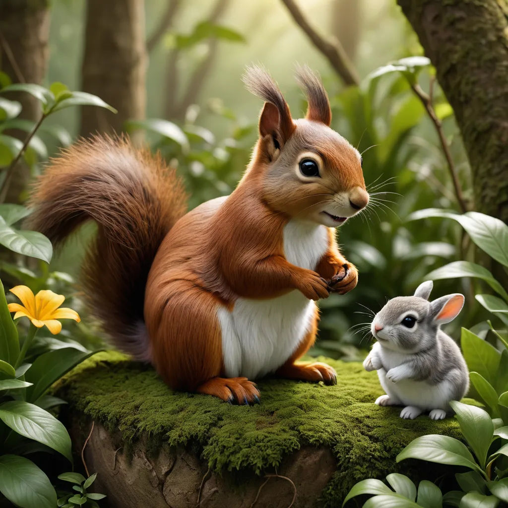 a squirrel and a baby squirrel are sitting on a mossy rock in the woods, with a tree in the background, photorealism, a 3D render, Chris LaBrooy, behance hd
