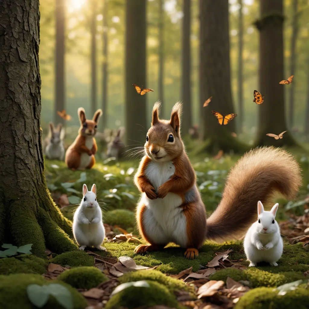 a group of squirrels sitting in the grass next to a tree and butterflies flying overhead in the background of a forest, photorealism, a 3D render, Chris LaBrooy, cgstudio