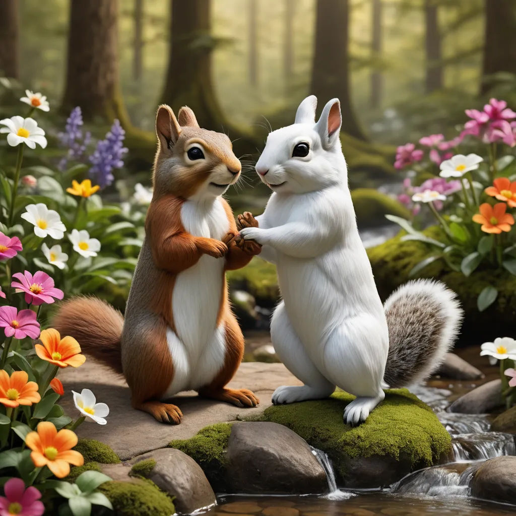 two small animals standing on their hind legs in a forest with flowers and rocks, one of which is holding a squirrel's paw, furry art, a digital rendering, Chris LaBrooy, official art
