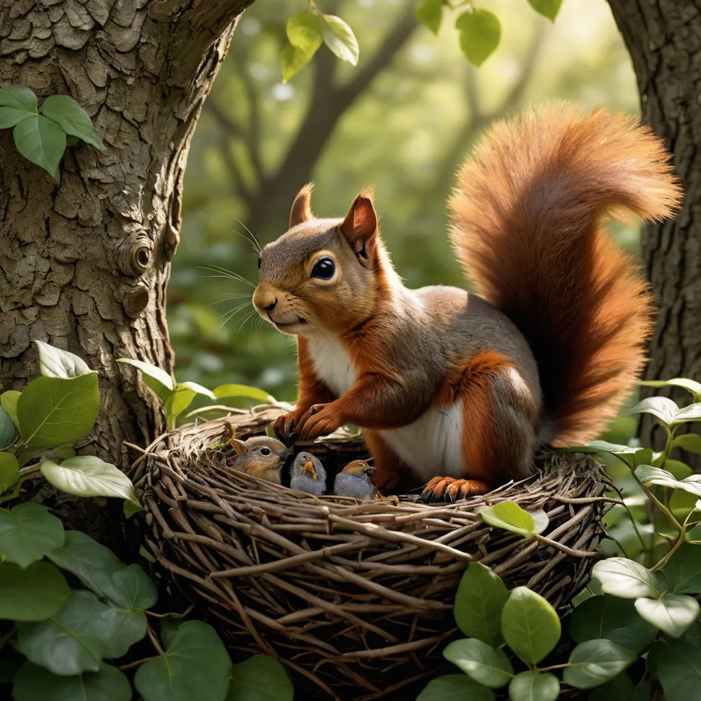 a squirrel sitting on top of a nest in a tree trunk with leaves around it and a bird's nest in the middle, photorealism, a 3D render, Chris LaBrooy, cgstudio