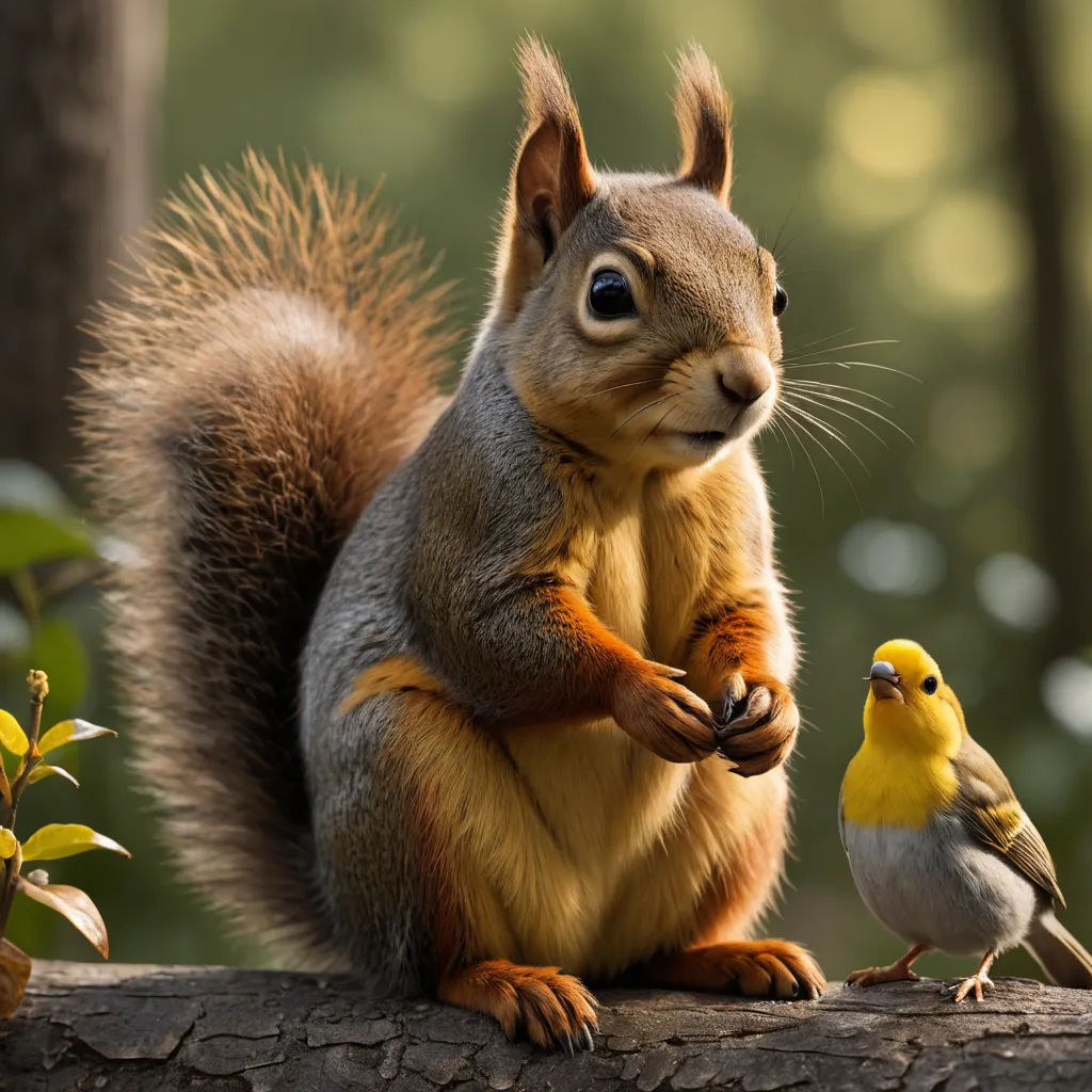 a squirrel and a bird are sitting on a tree branch together and one is eating a nut and the other is looking at the camera, photorealism, a photorealistic painting, Chris LaBrooy, cgstudio
