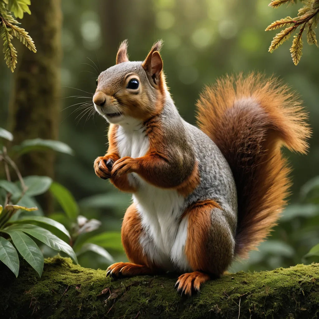 a squirrel is standing on a mossy log in the woods and eating a nut in its paws,, photorealism, a 3D render, Chris LaBrooy, weta digital